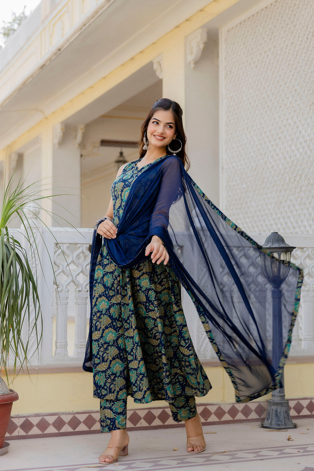 Women's Blue Floral Printed Anarkali Kurta With Trouser And Dupatta - Taantav