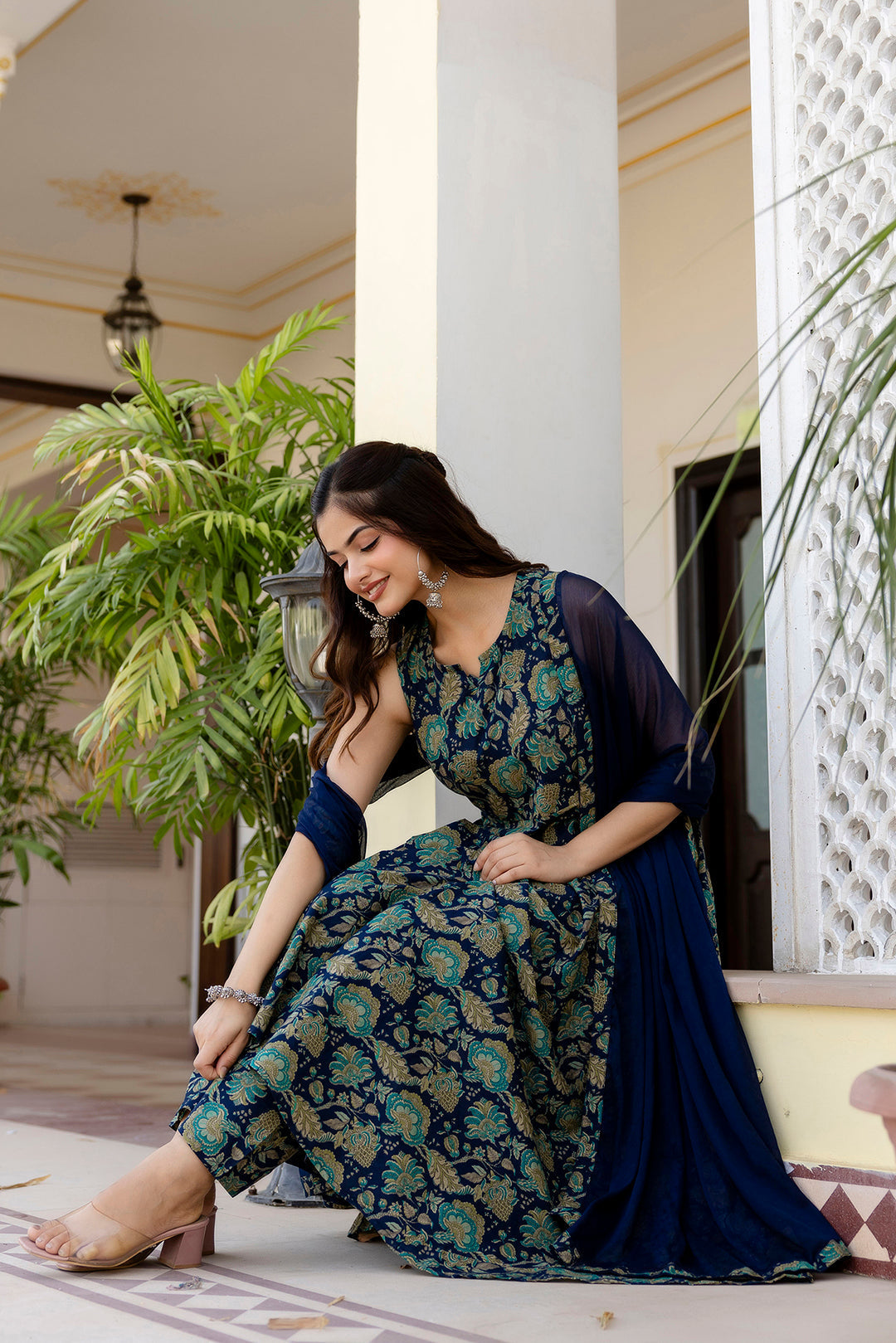 Women's Blue Floral Printed Anarkali Kurta With Trouser And Dupatta - Taantav