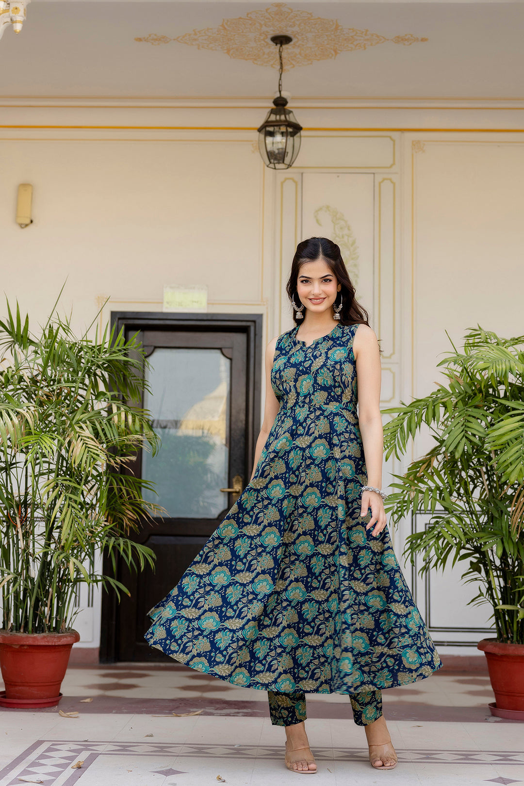 Women's Blue Floral Printed Anarkali Kurta With Trouser And Dupatta - Taantav