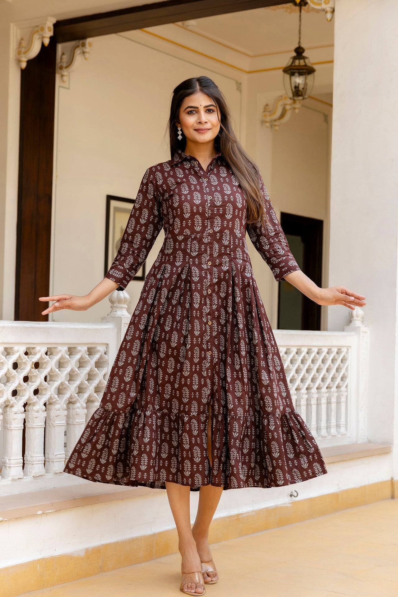 Women's Brown Ethnic Printed Flared Dress - Taantav