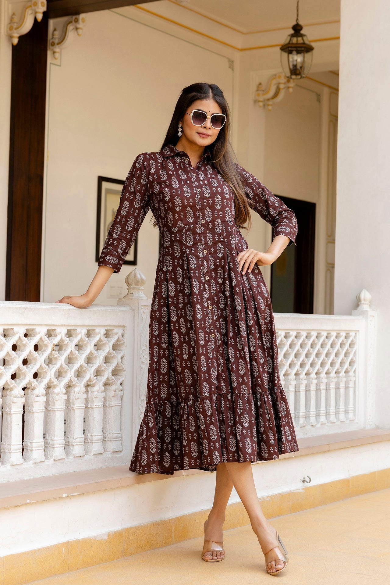 Women's Brown Ethnic Printed Flared Dress - Taantav