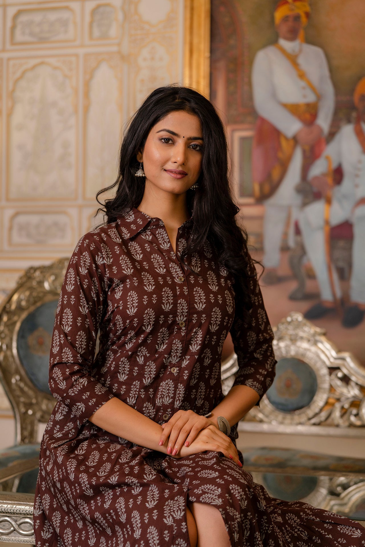 Women's Brown Ethnic Printed Flared Dress
