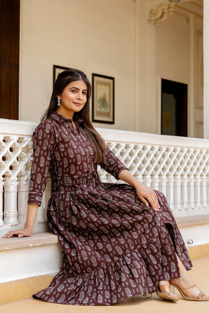Women's Brown Ethnic Printed Flared Dress