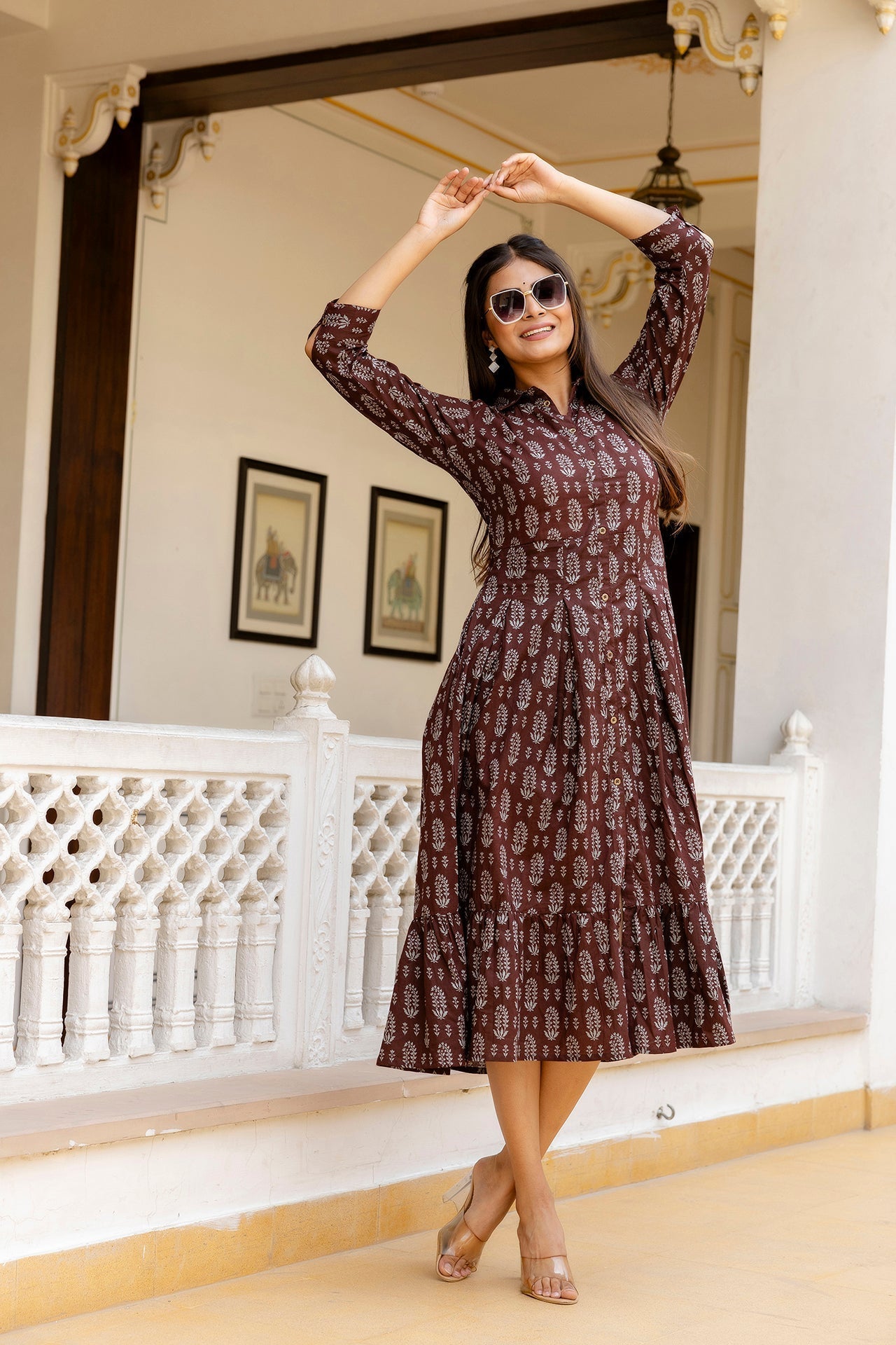 Women's Brown Ethnic Printed Flared Dress - Taantav