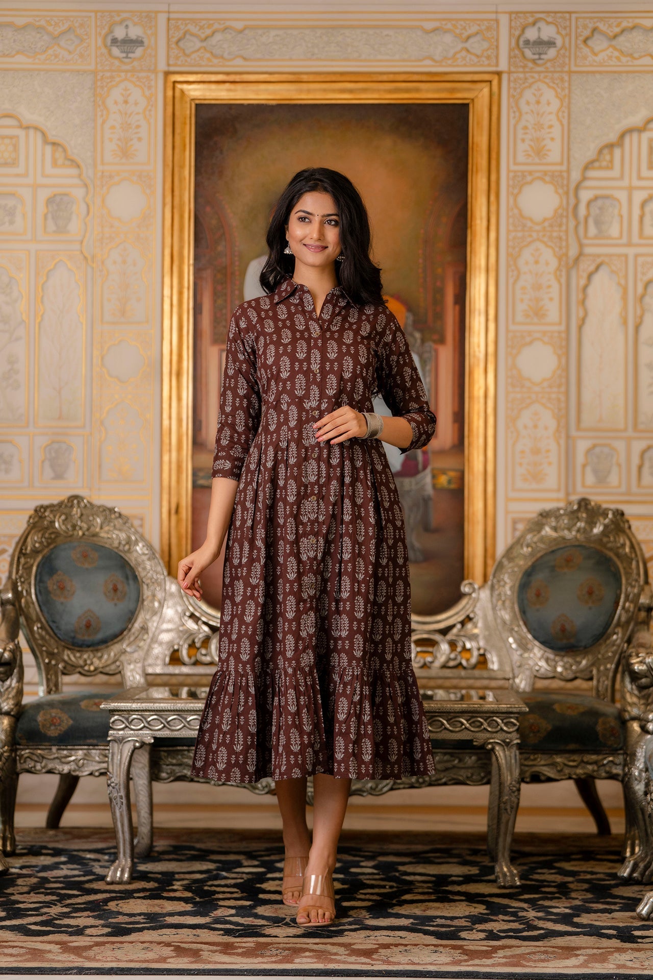 Women's Brown Ethnic Printed Flared Dress - Taantav