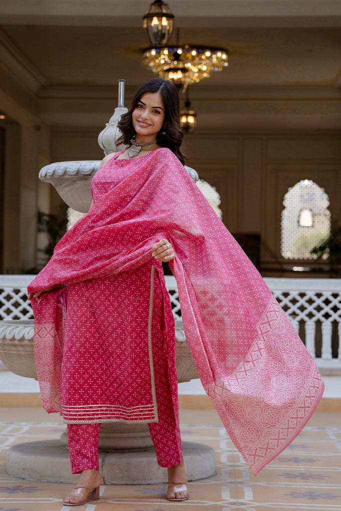 Women's Pink Printed Straight Kurta With Trouser And Dupatta