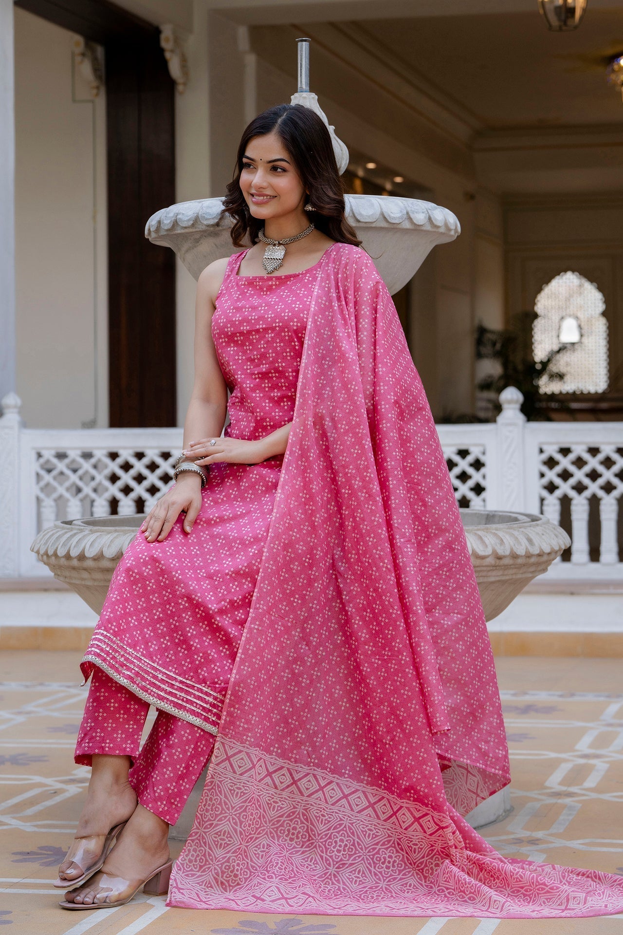 Women's Pink Printed Straight Kurta With Trouser And Dupatta - Taantav