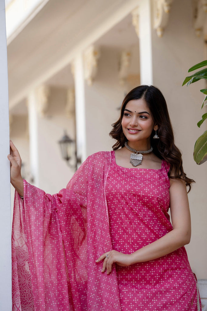 Women's Pink Printed Straight Kurta With Trouser And Dupatta