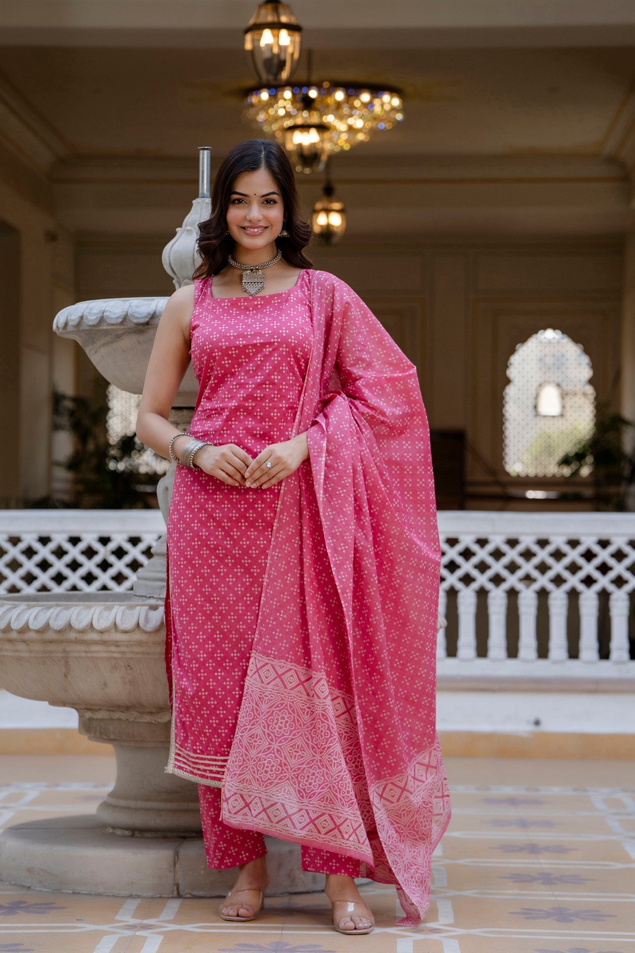 Women's Pink Printed Straight Kurta With Trouser And Dupatta - Taantav