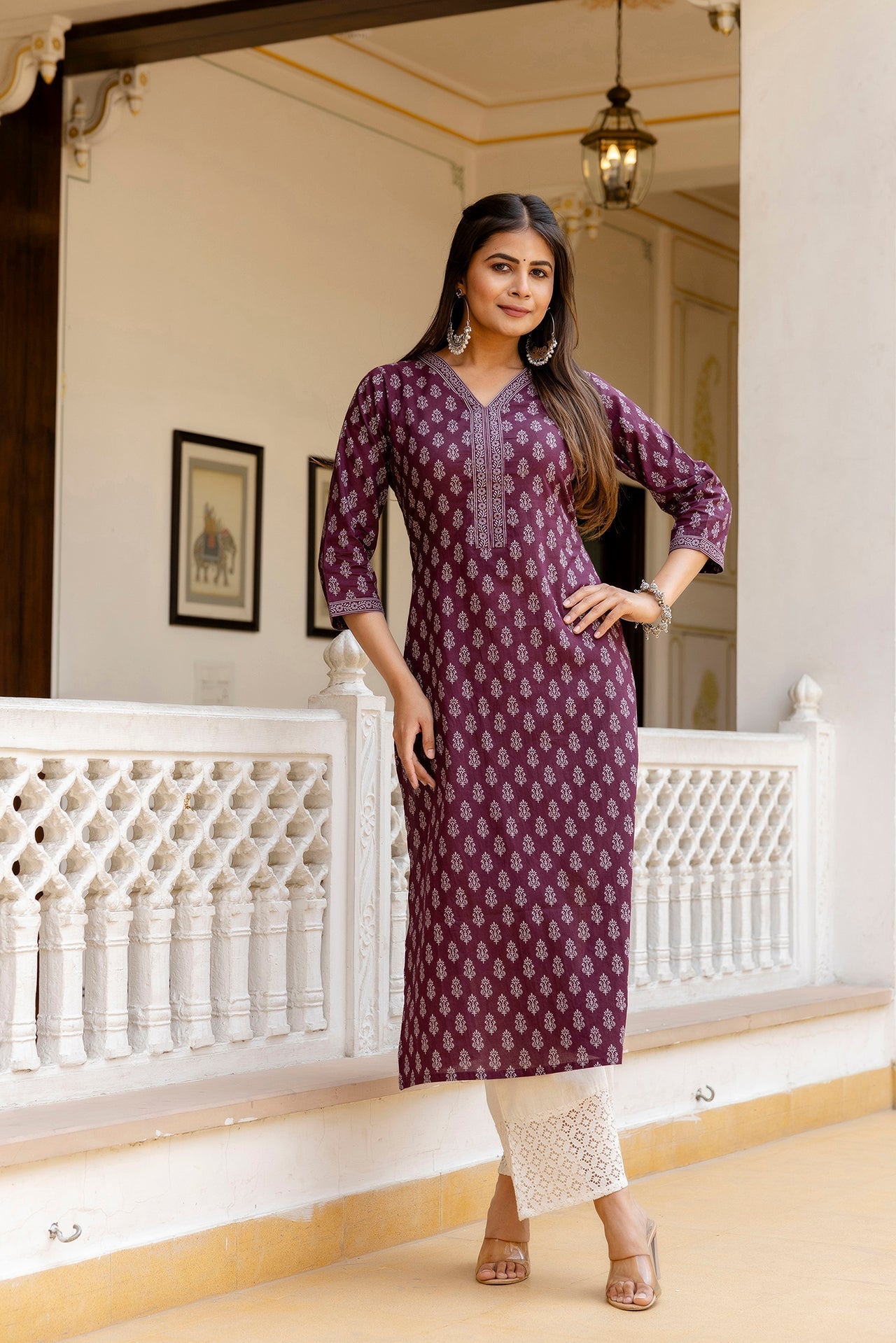 Women's Burgundy Printed Straight Kurta with Three Quarter Sleeves - Taantav