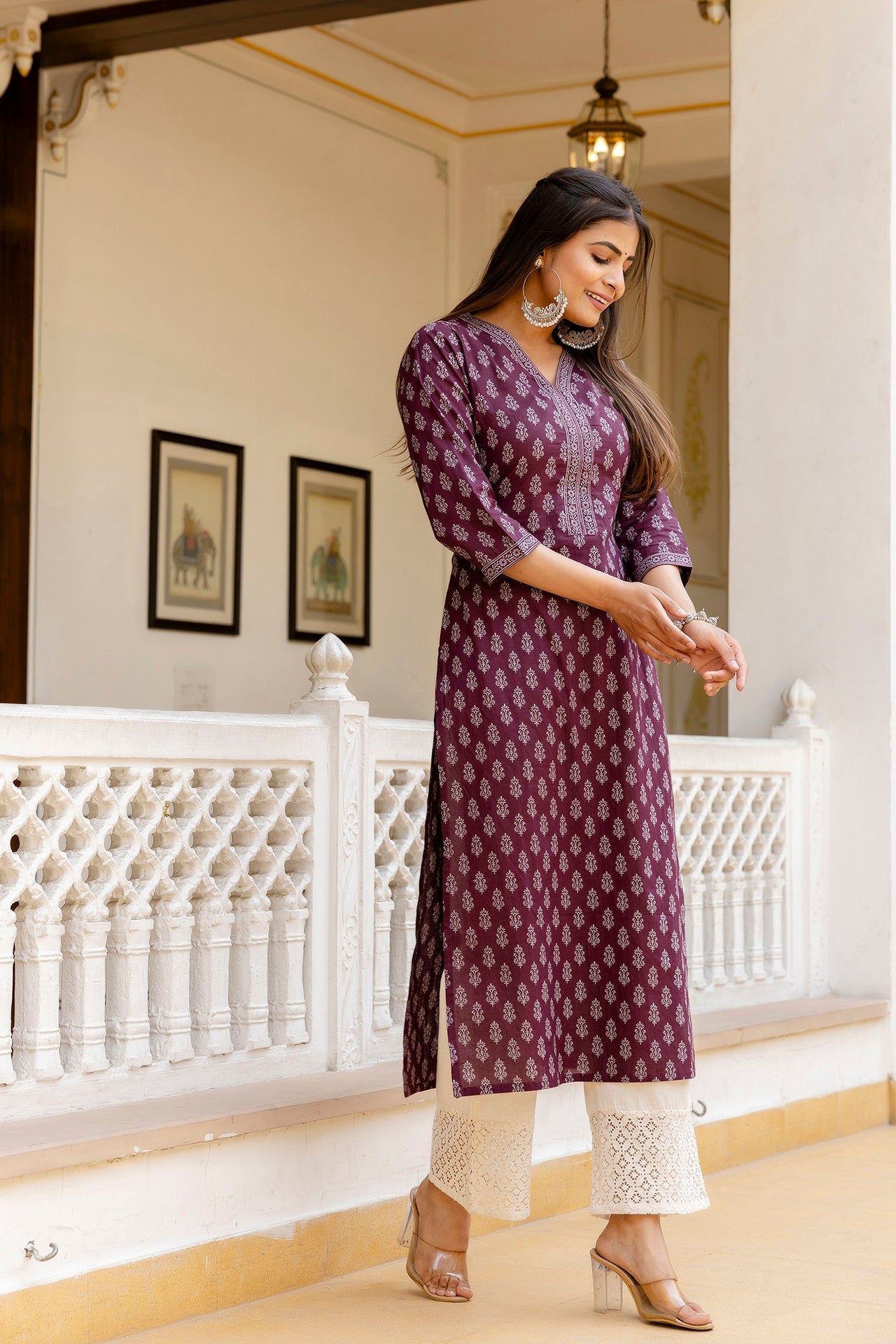 Women's Burgundy Printed Straight Kurta with Three Quarter Sleeves - Taantav