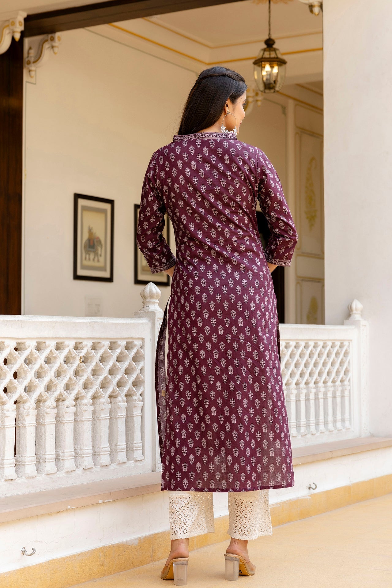 Women's Burgundy Printed Straight Kurta with Three Quarter Sleeves - Taantav