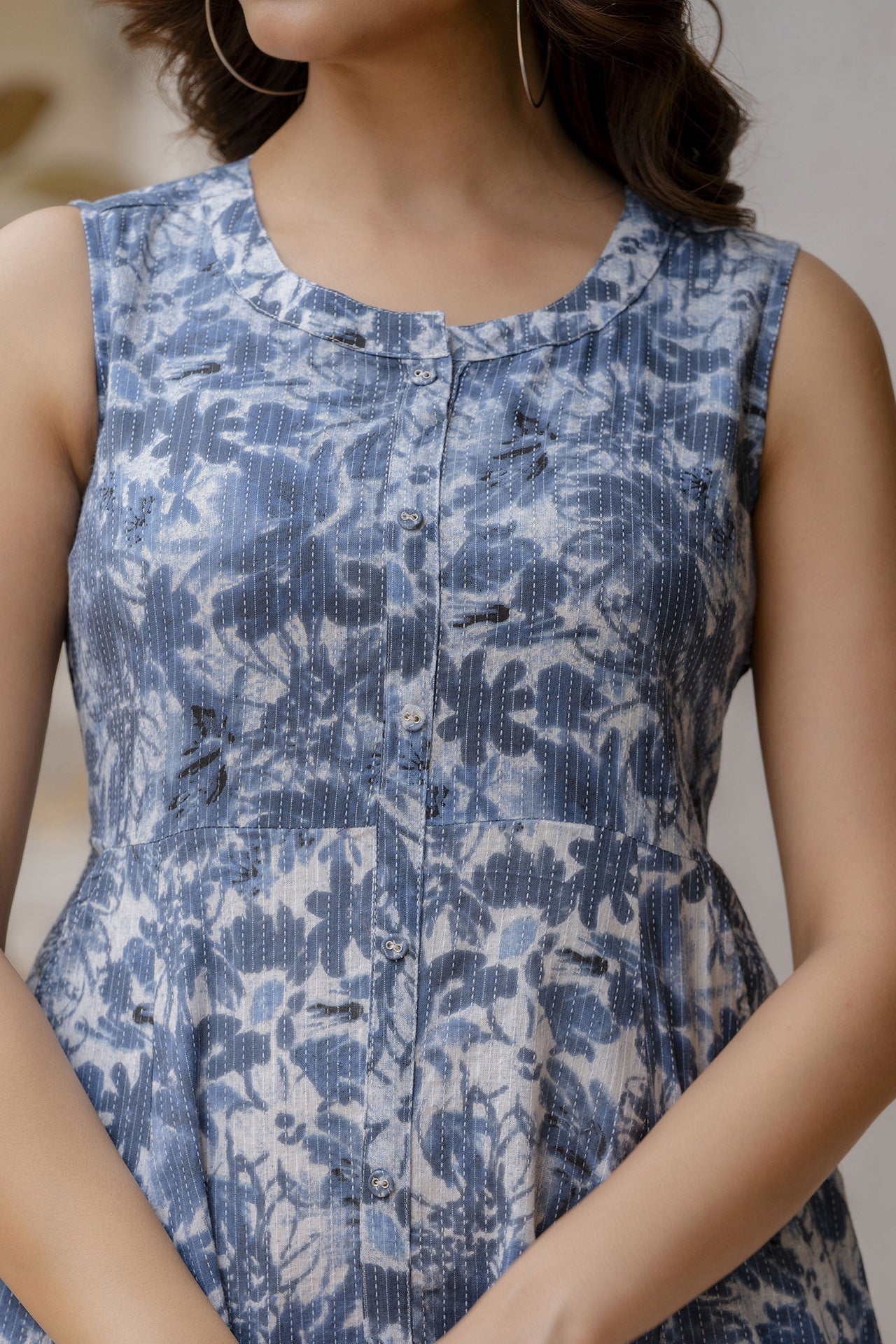 Women's Blue Printed Flared Dress - Taantav