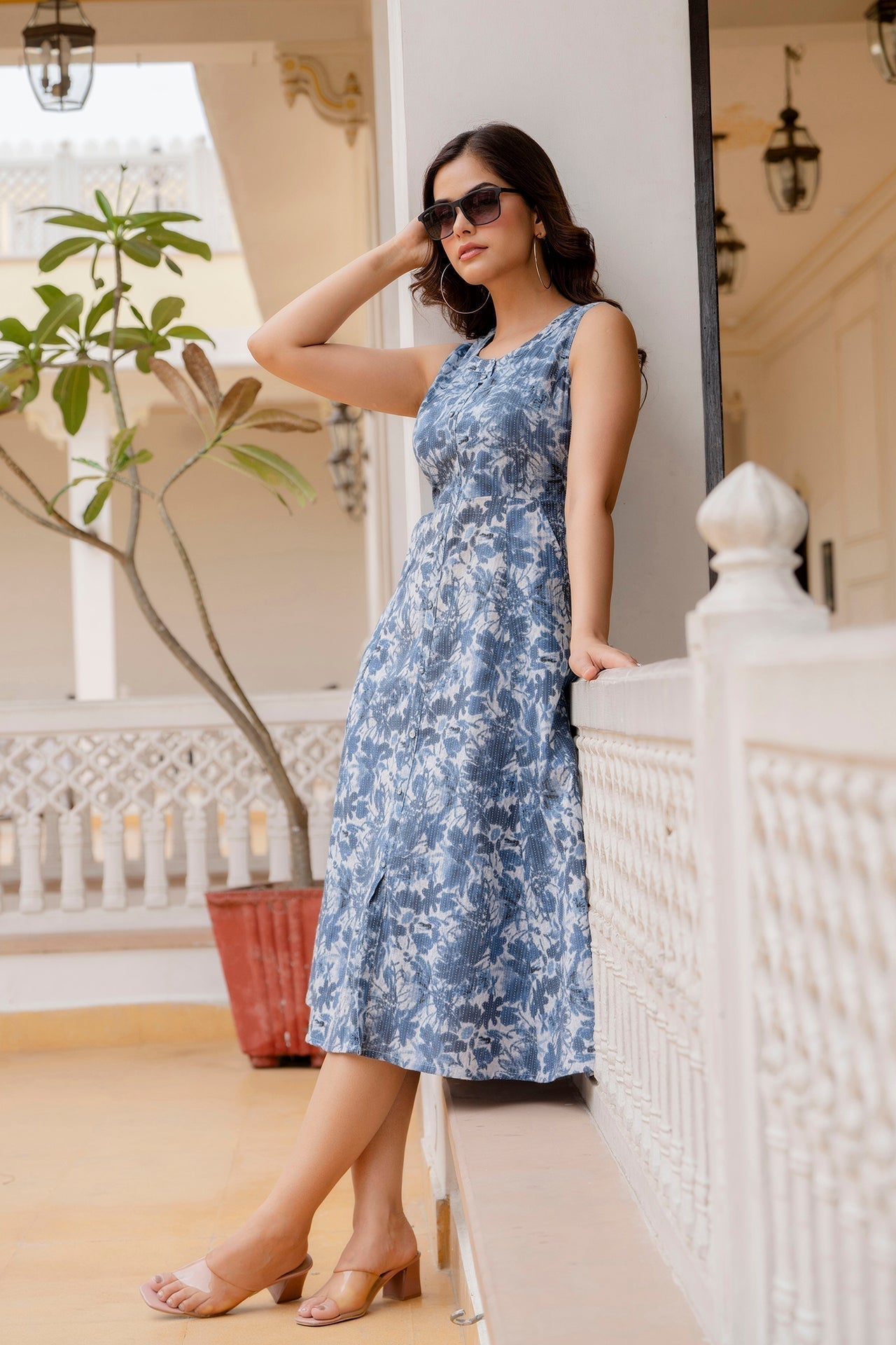 Women's Blue Printed Flared Dress - Taantav