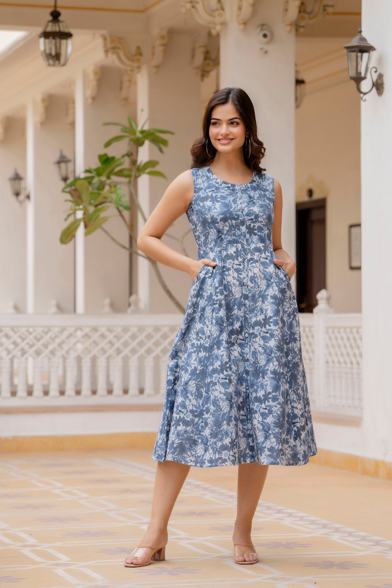 Women's Blue Printed Flared Dress - Taantav