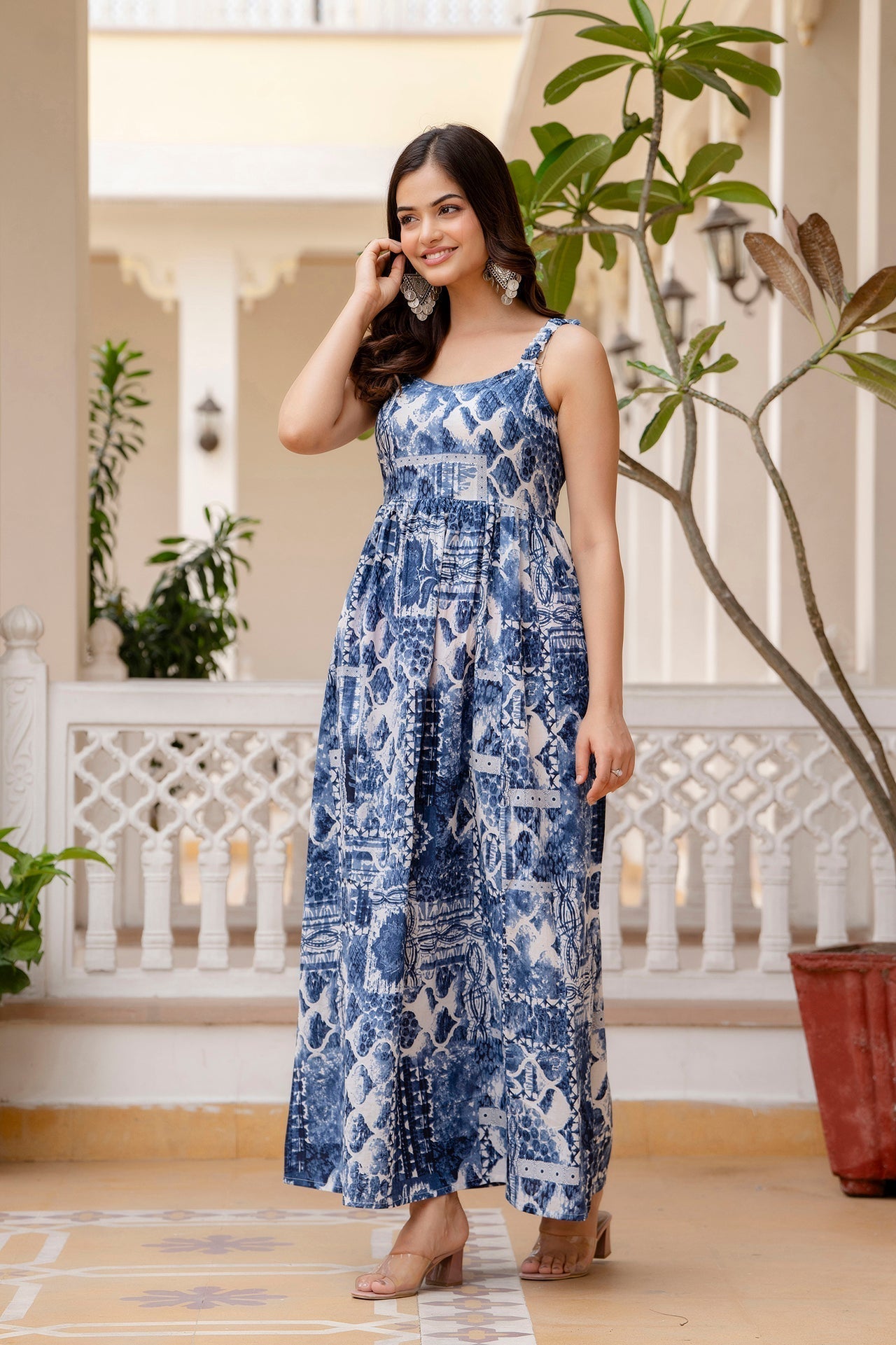 Women's Blue Printed Flared Dress - Taantav