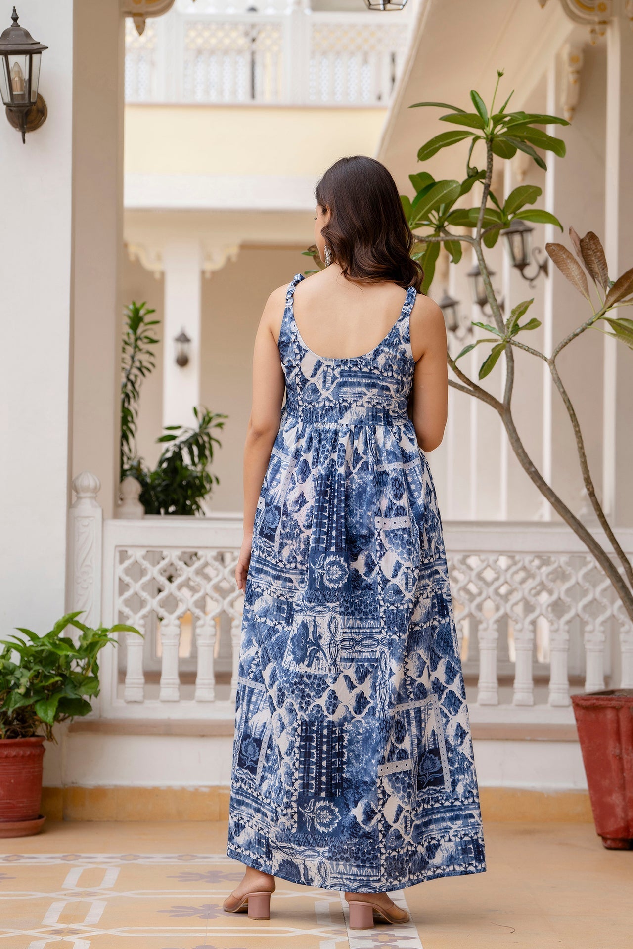 Women's Blue Printed Flared Dress - Taantav