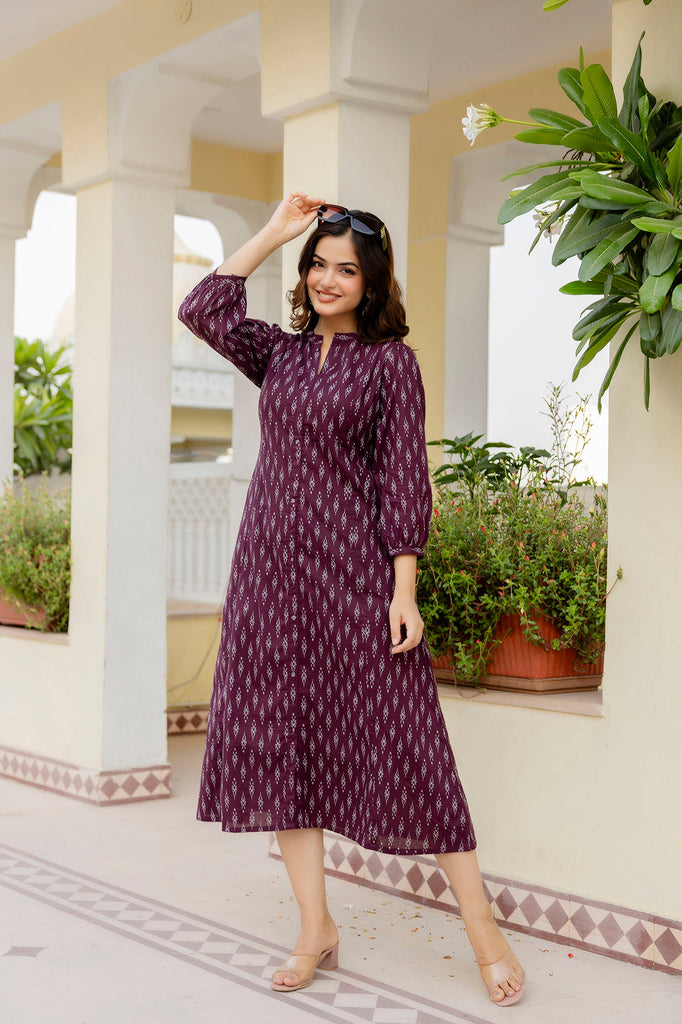 Women's Purple Ethnic Printed Flared Dress
