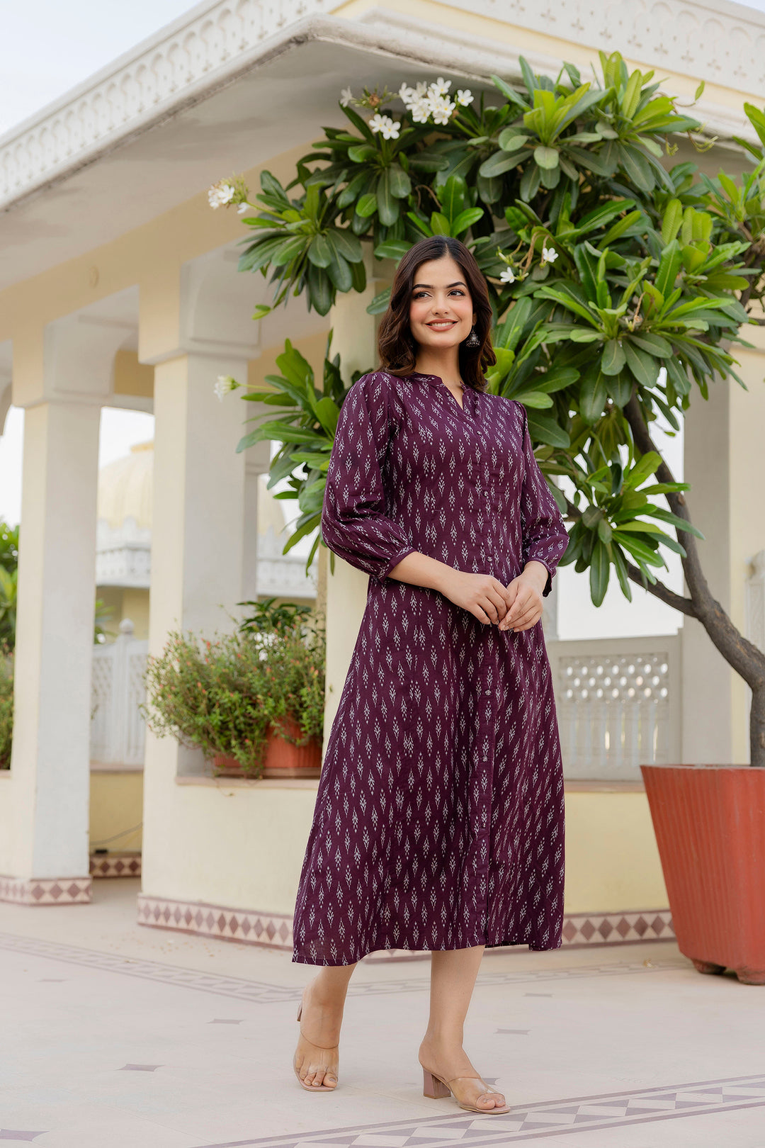 Women's Purple Ethnic Printed Flared Dress - Taantav