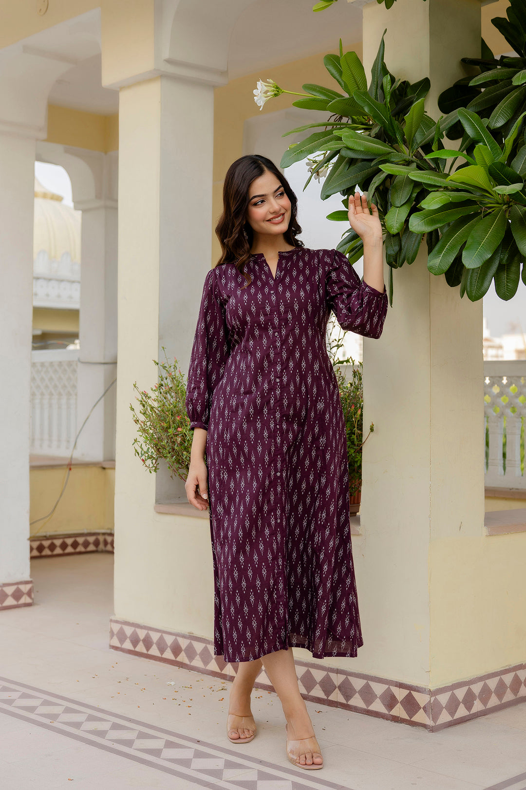 Women's Purple Ethnic Printed Flared Dress - Taantav