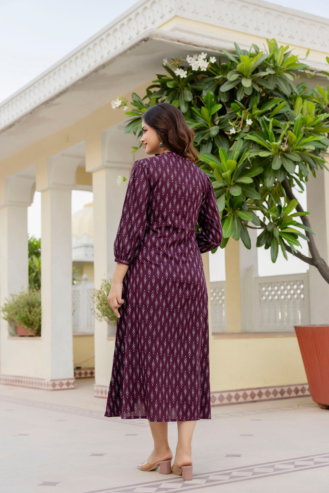 Women's Purple Ethnic Printed Flared Dress - Taantav