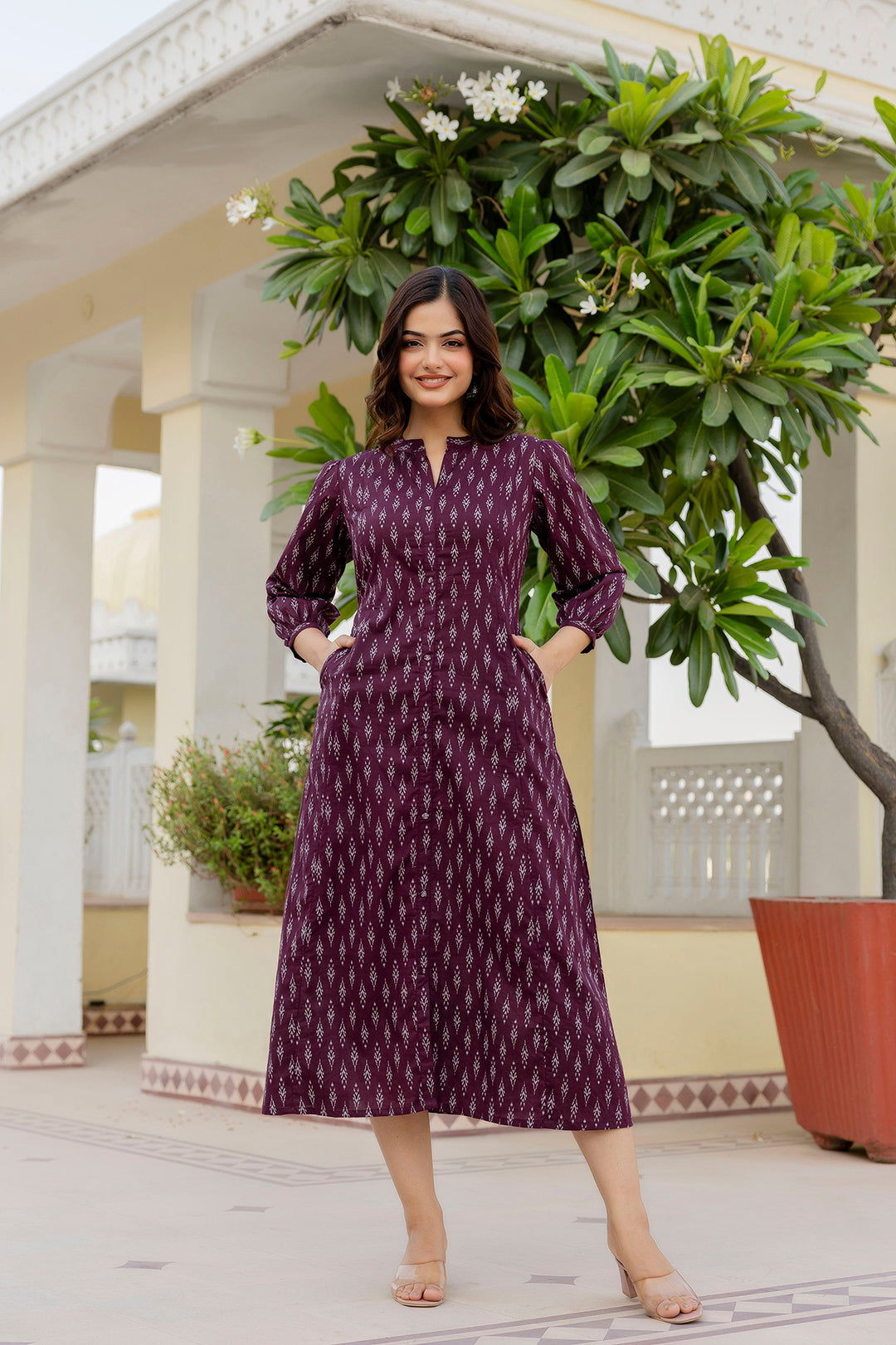 Women's Purple Ethnic Printed Flared Dress - Taantav