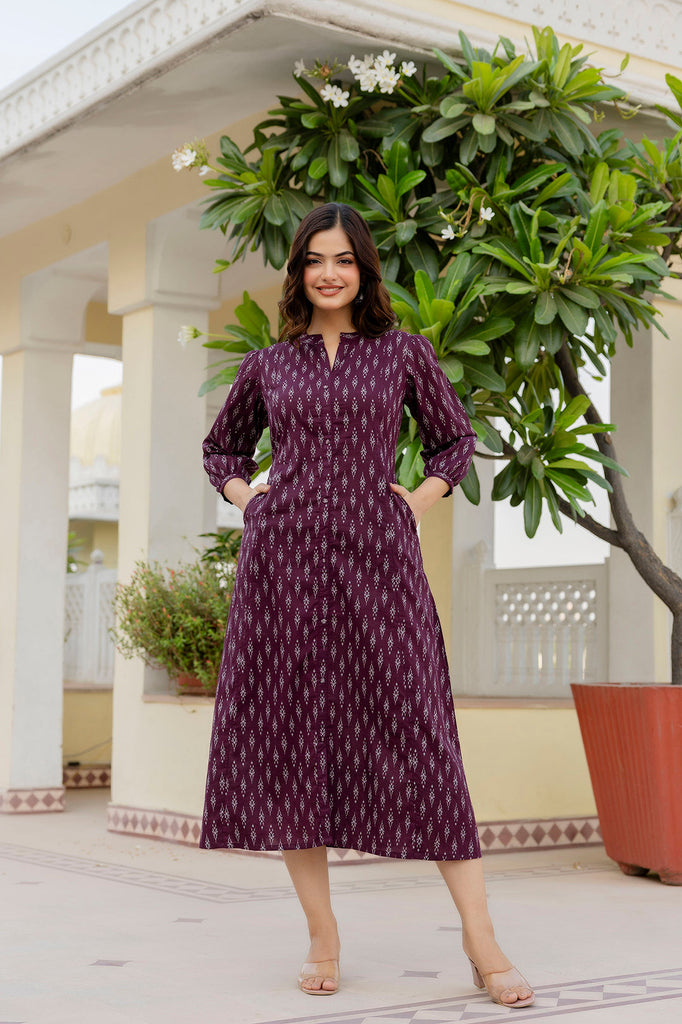Women's Purple Ethnic Printed Flared Dress