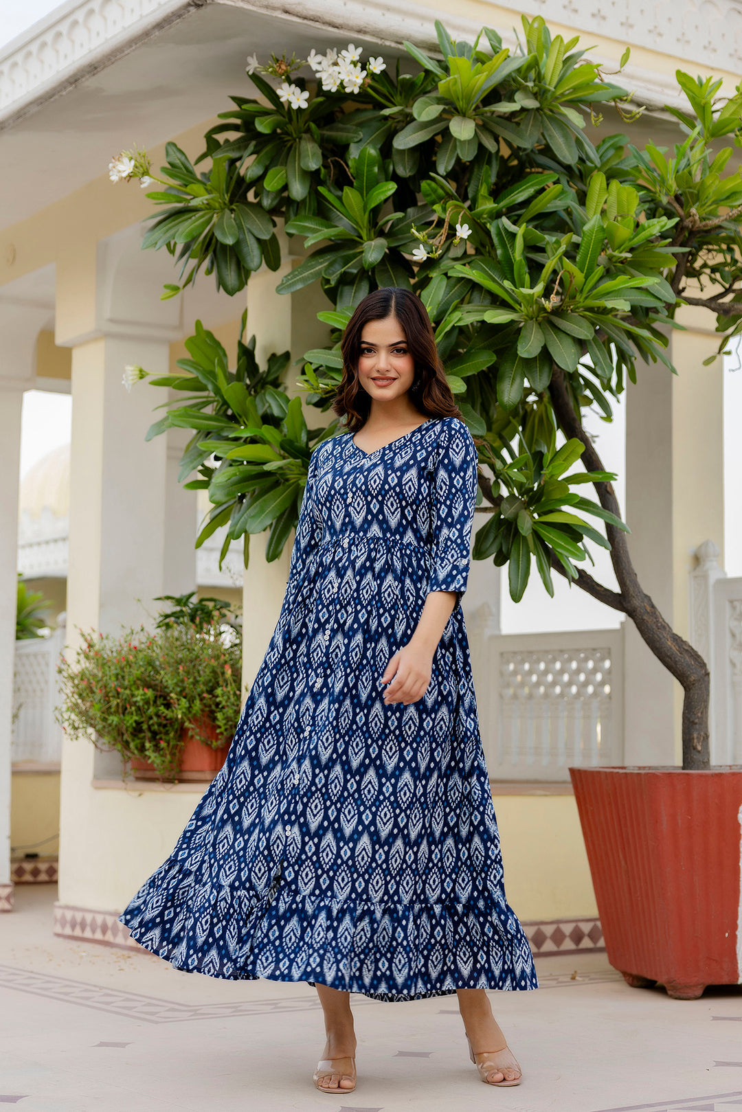 Women's Navy Blue Printed Flared Dress - Taantav