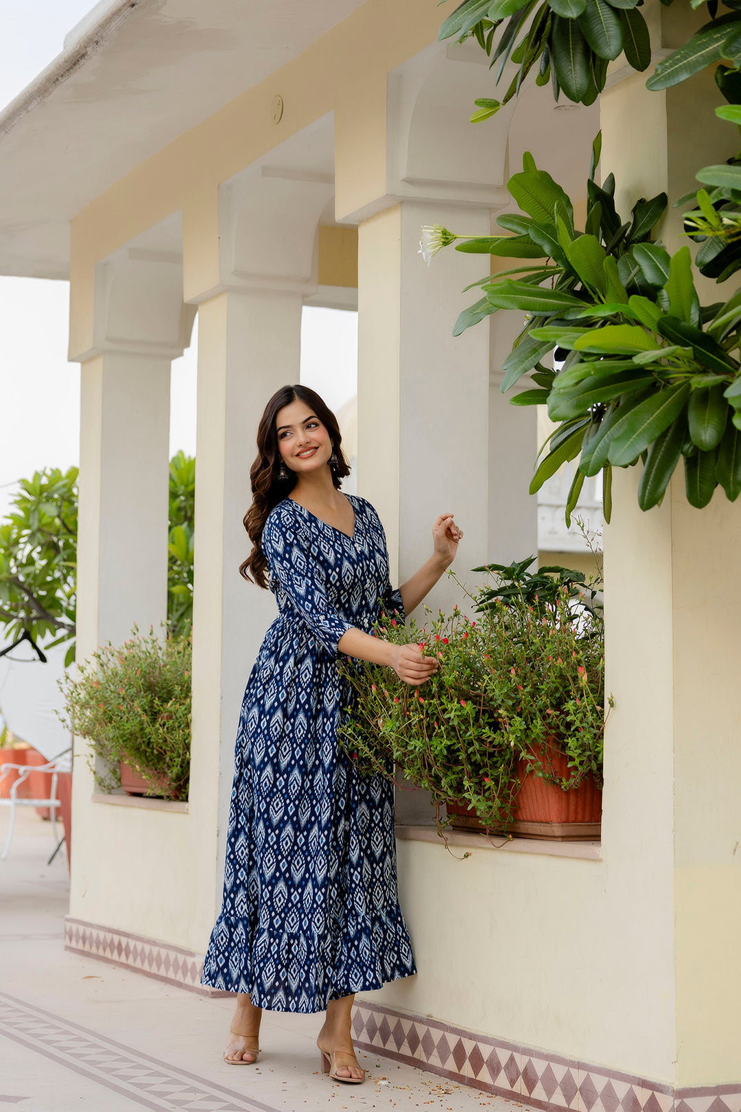 Women's Navy Blue Printed Flared Dress