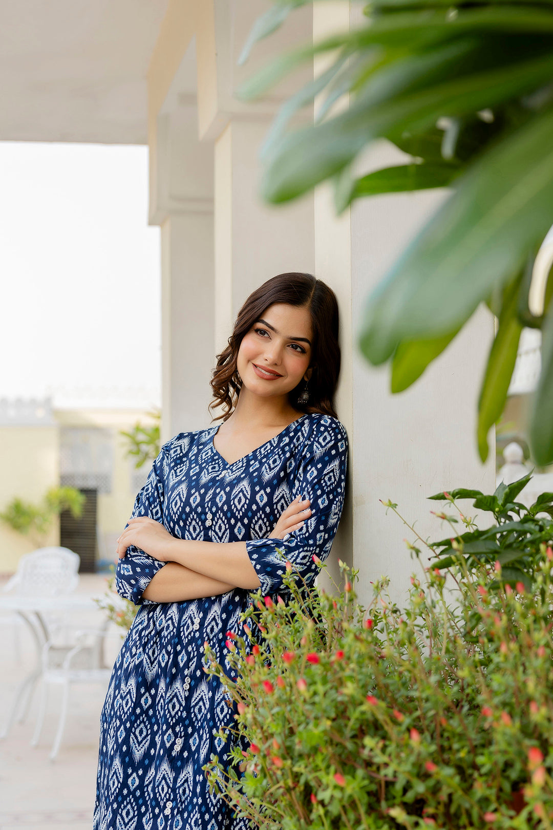 Women's Navy Blue Printed Flared Dress