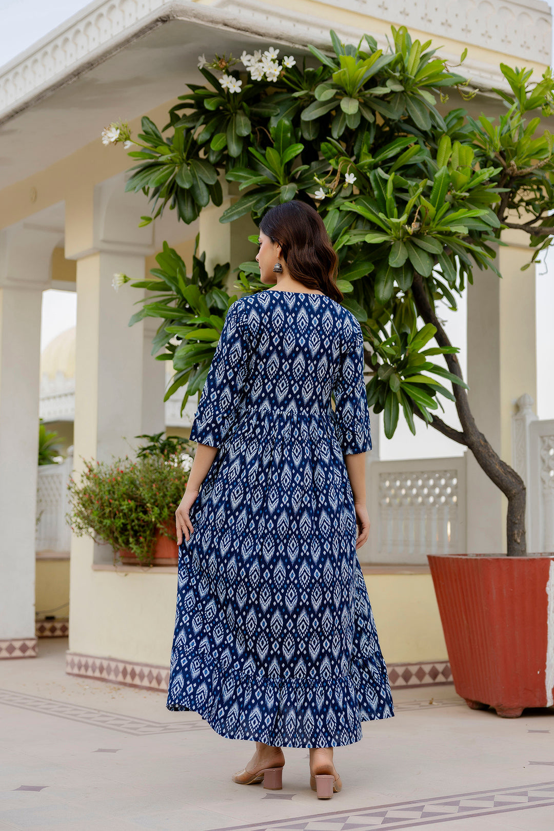 Women's Navy Blue Printed Flared Dress