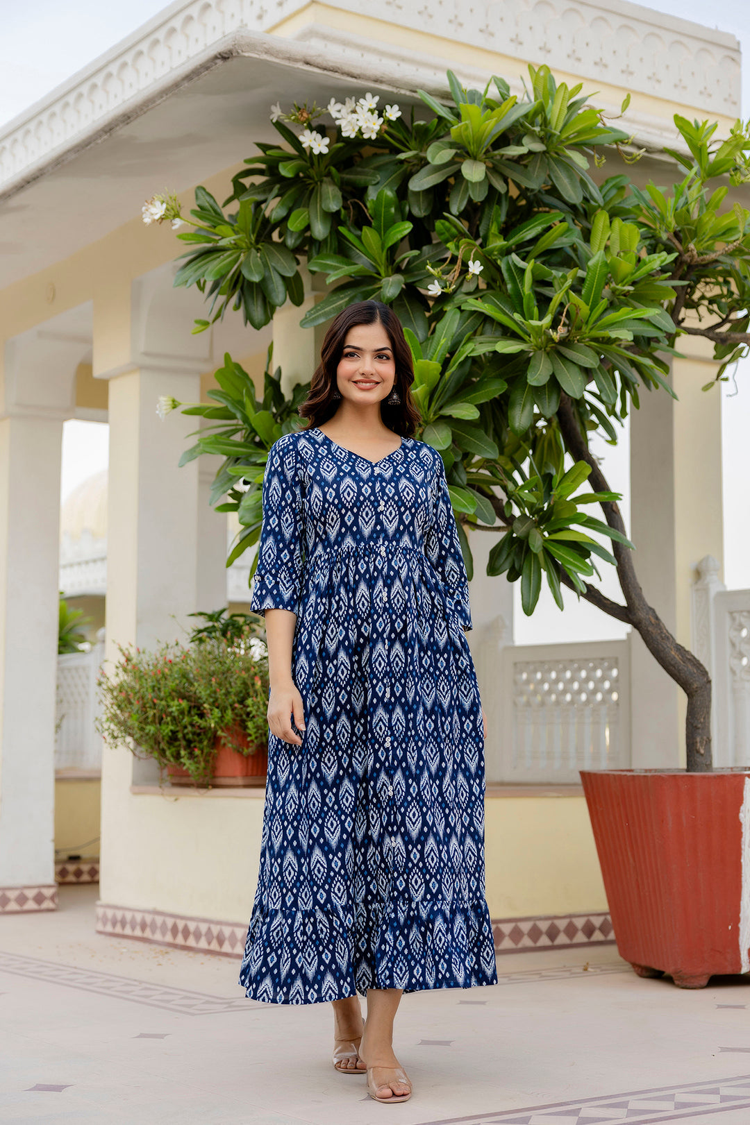 Women's Navy Blue Printed Flared Dress - Taantav