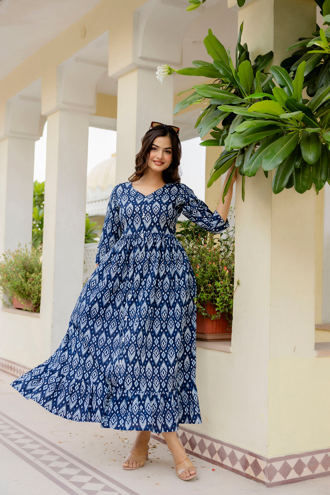 Women's Navy Blue Printed Flared Dress - Taantav