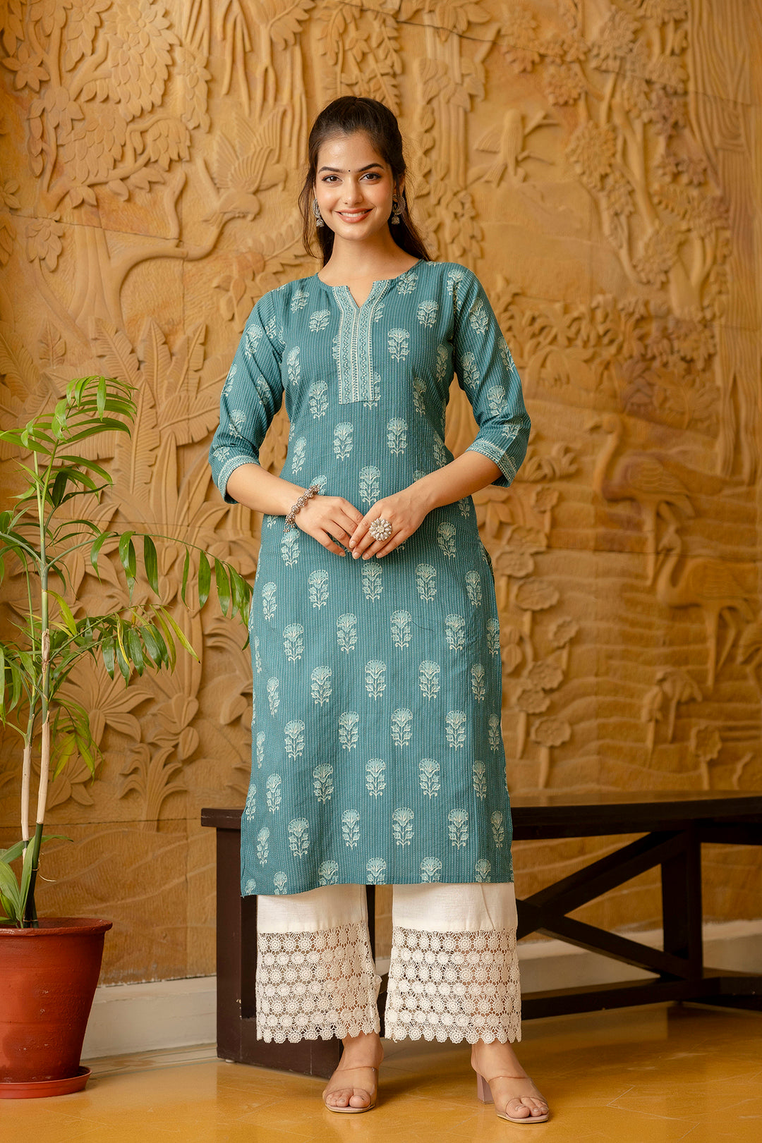 Women's Turquoise blue Printed Straight Kurta - Taantav