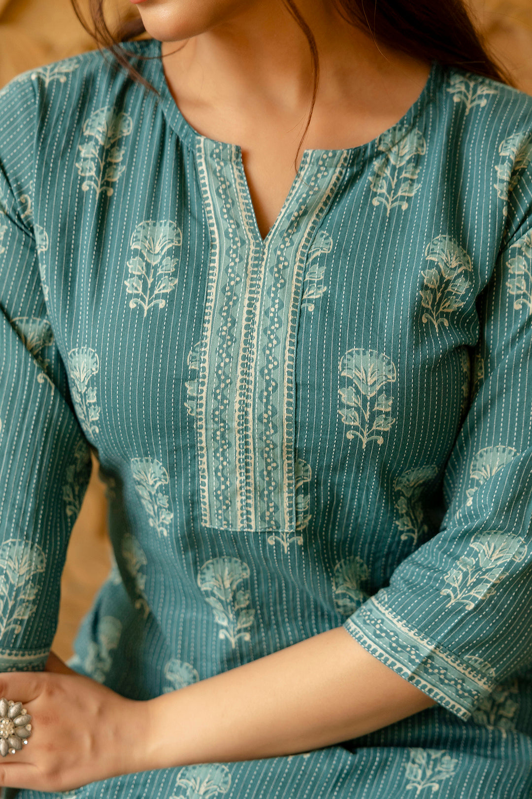 Women's Turquoise blue Printed Straight Kurta - Taantav