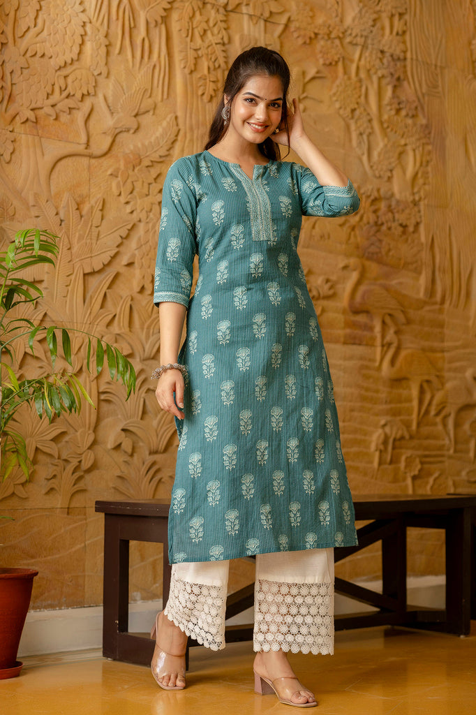 Women's Turquoise blue Printed Straight Kurta