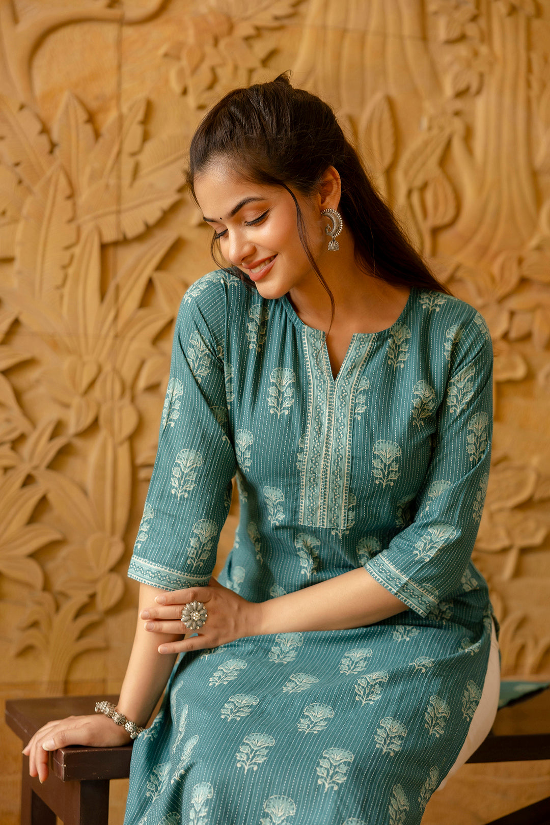 Women's Turquoise blue Printed Straight Kurta - Taantav