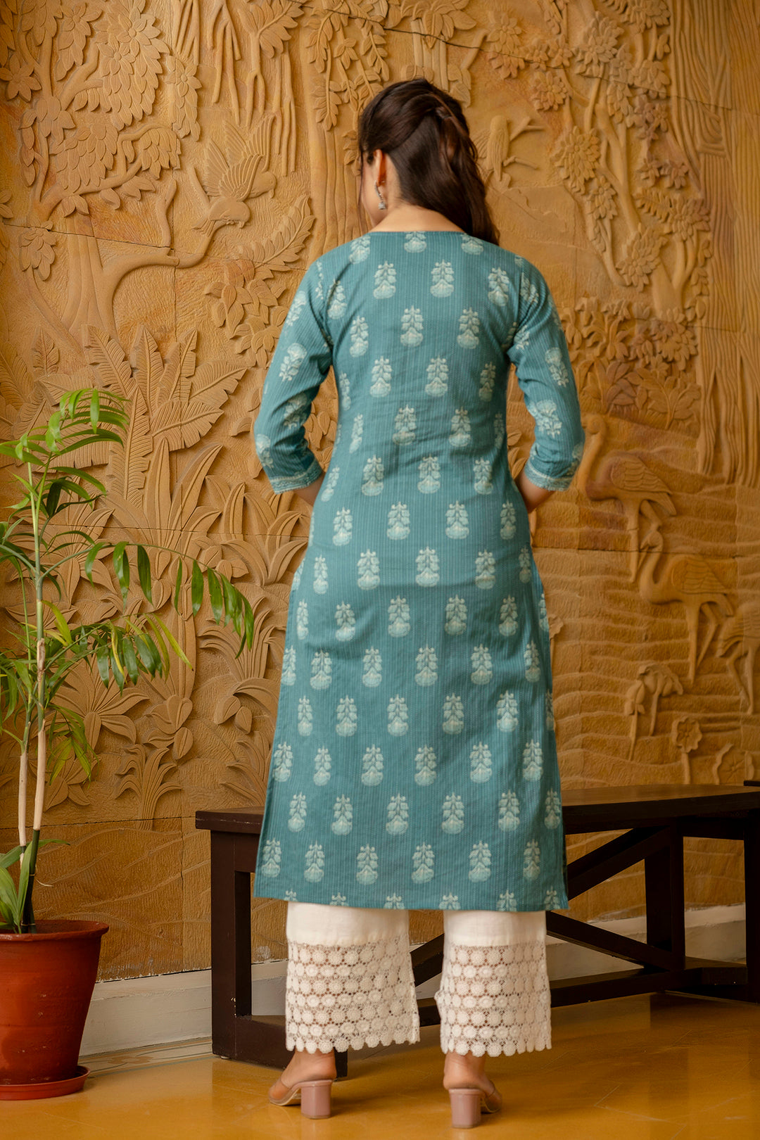 Women's Turquoise blue Printed Straight Kurta - Taantav