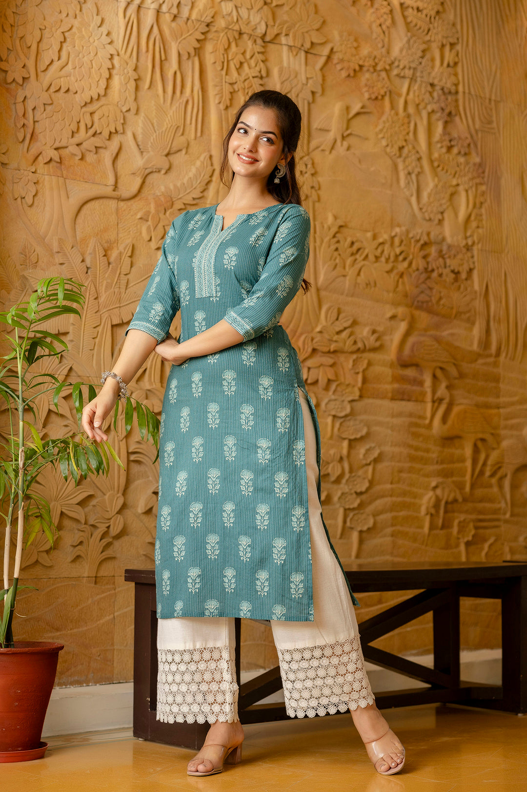 Women's Turquoise blue Printed Straight Kurta - Taantav