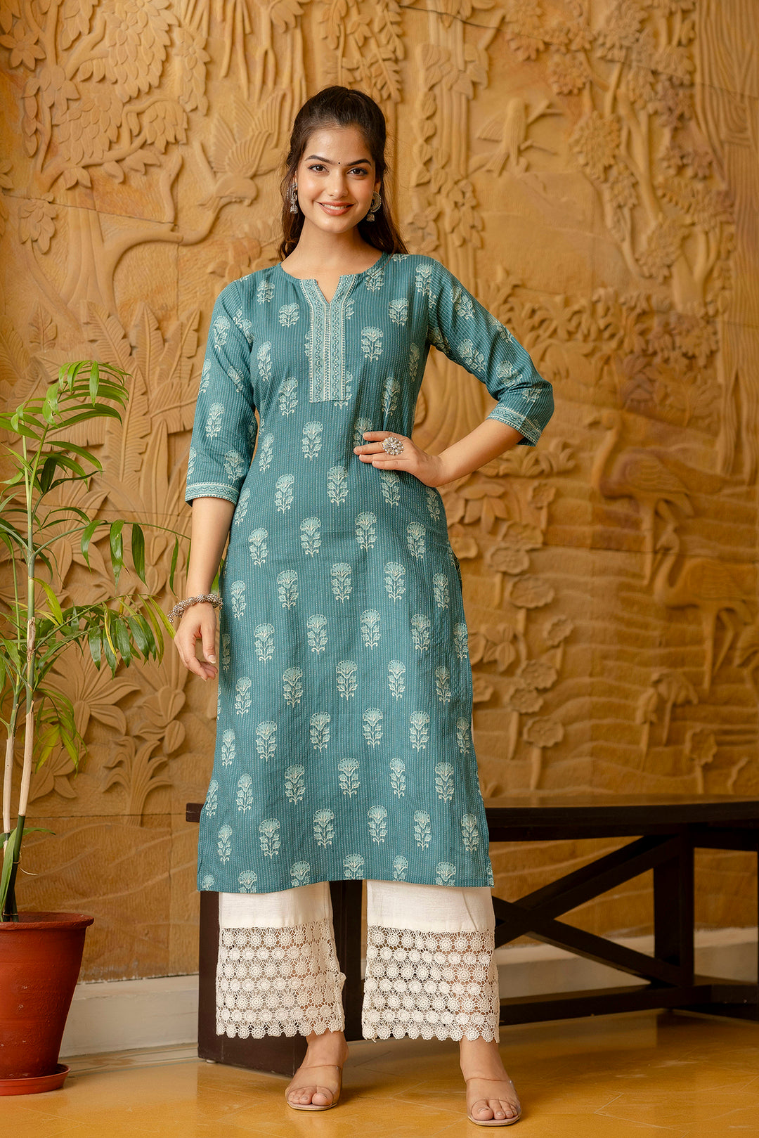 Women's Turquoise blue Printed Straight Kurta - Taantav