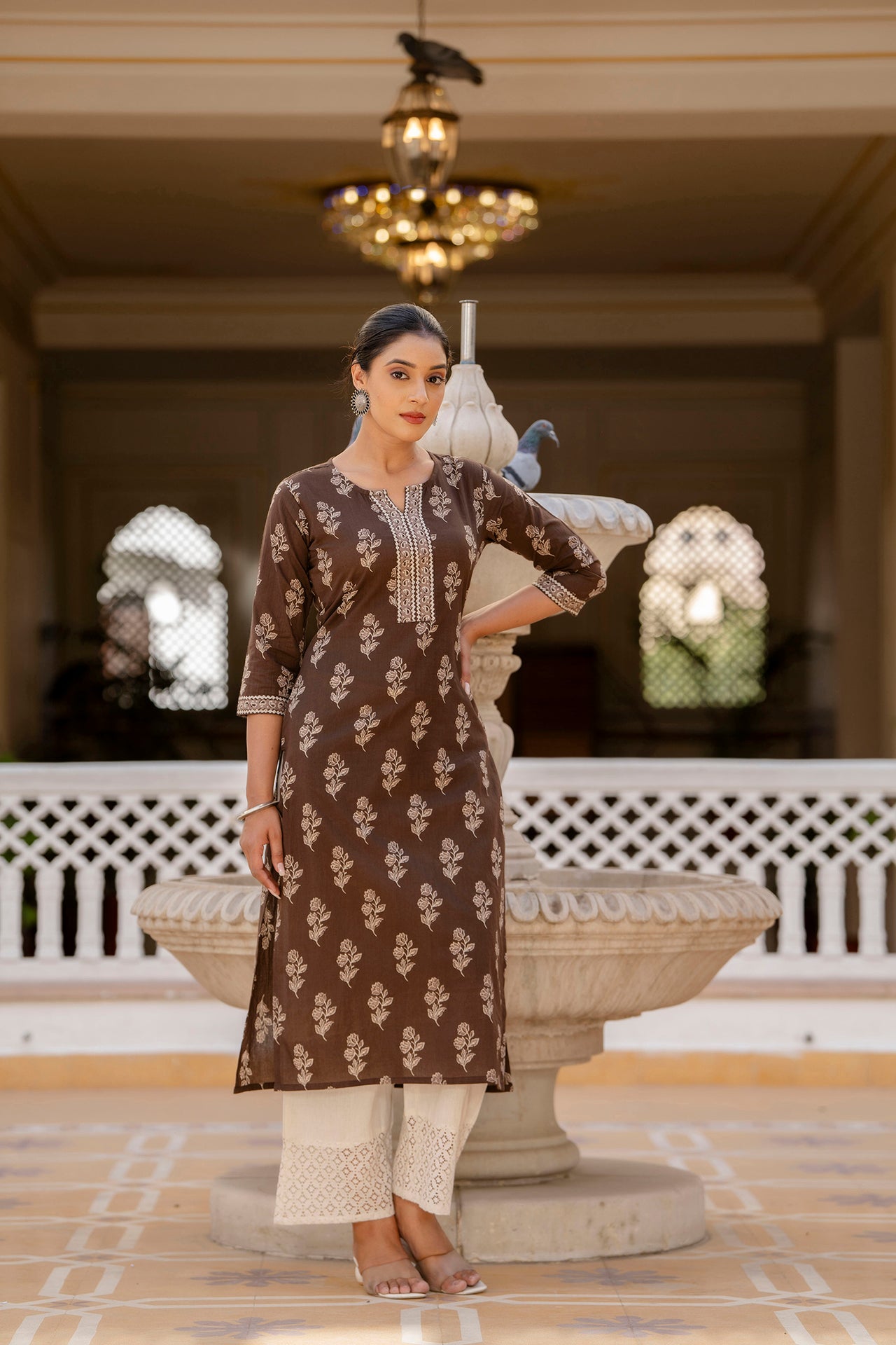 Women's Brown Ethnic Printed Straight Kurta with Three Quarter Sleeves - Taantav