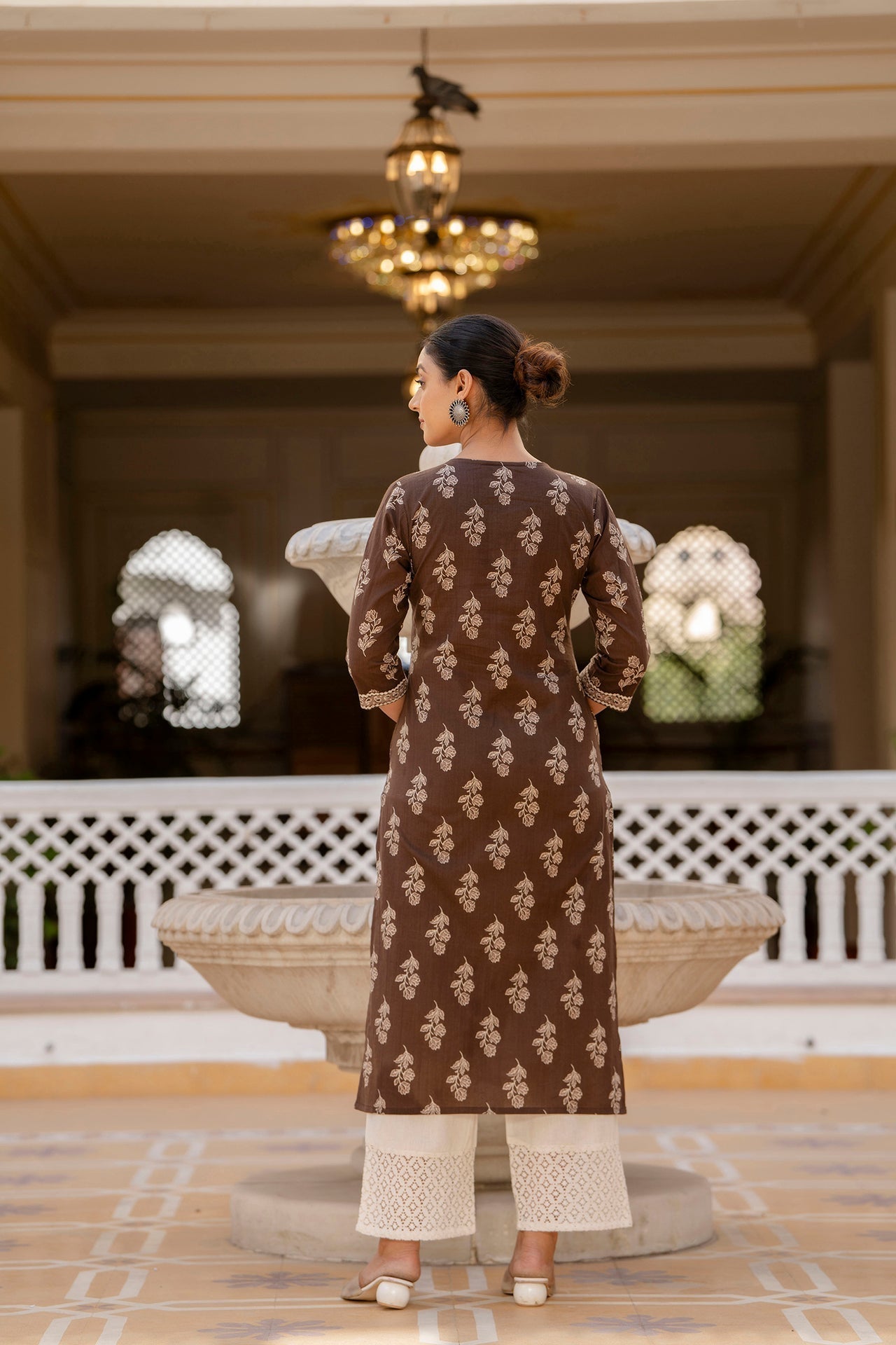 Women's Brown Ethnic Printed Straight Kurta with Three Quarter Sleeves - Taantav