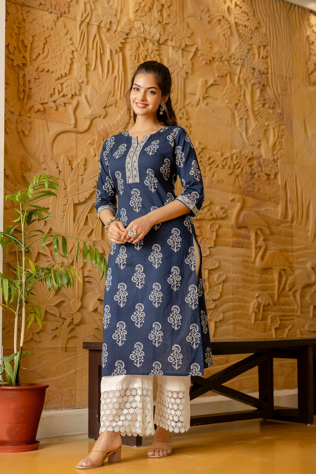 Women's Blue Ethnic Printed Straight Kurta with Three Quarter Sleeves - Taantav