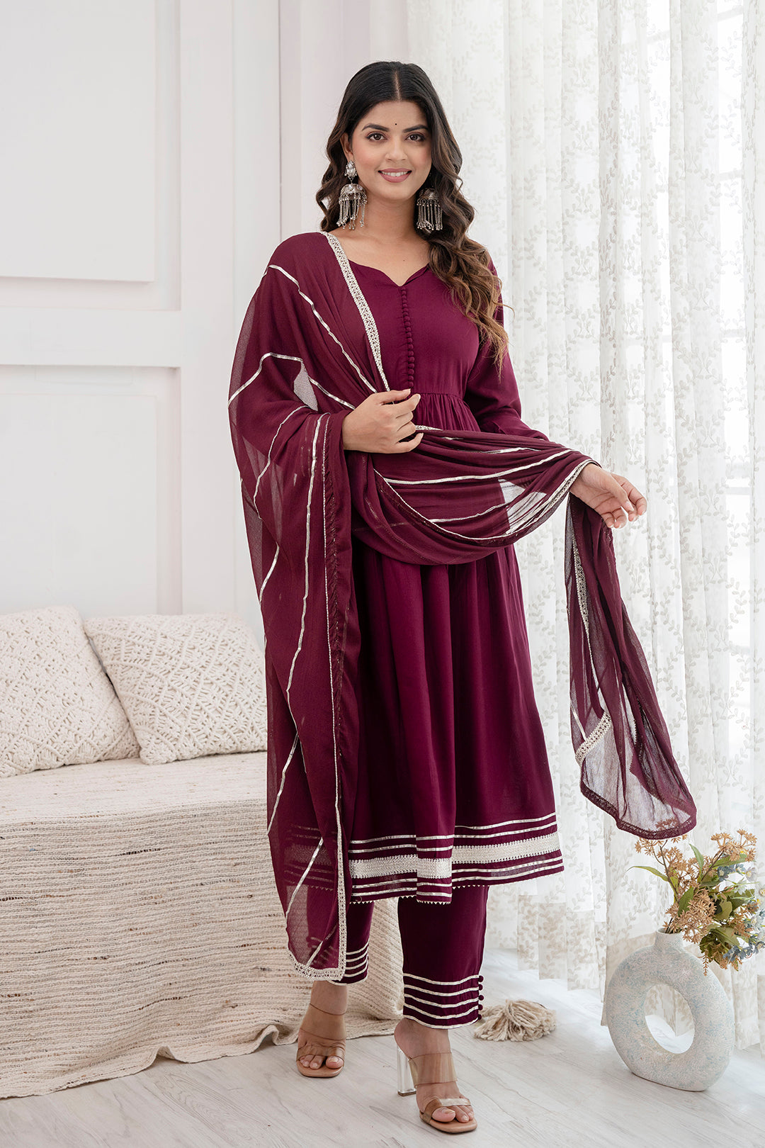 Women's Burgundy Anarkali Kurta And Trouser With Dupatta - Taantav