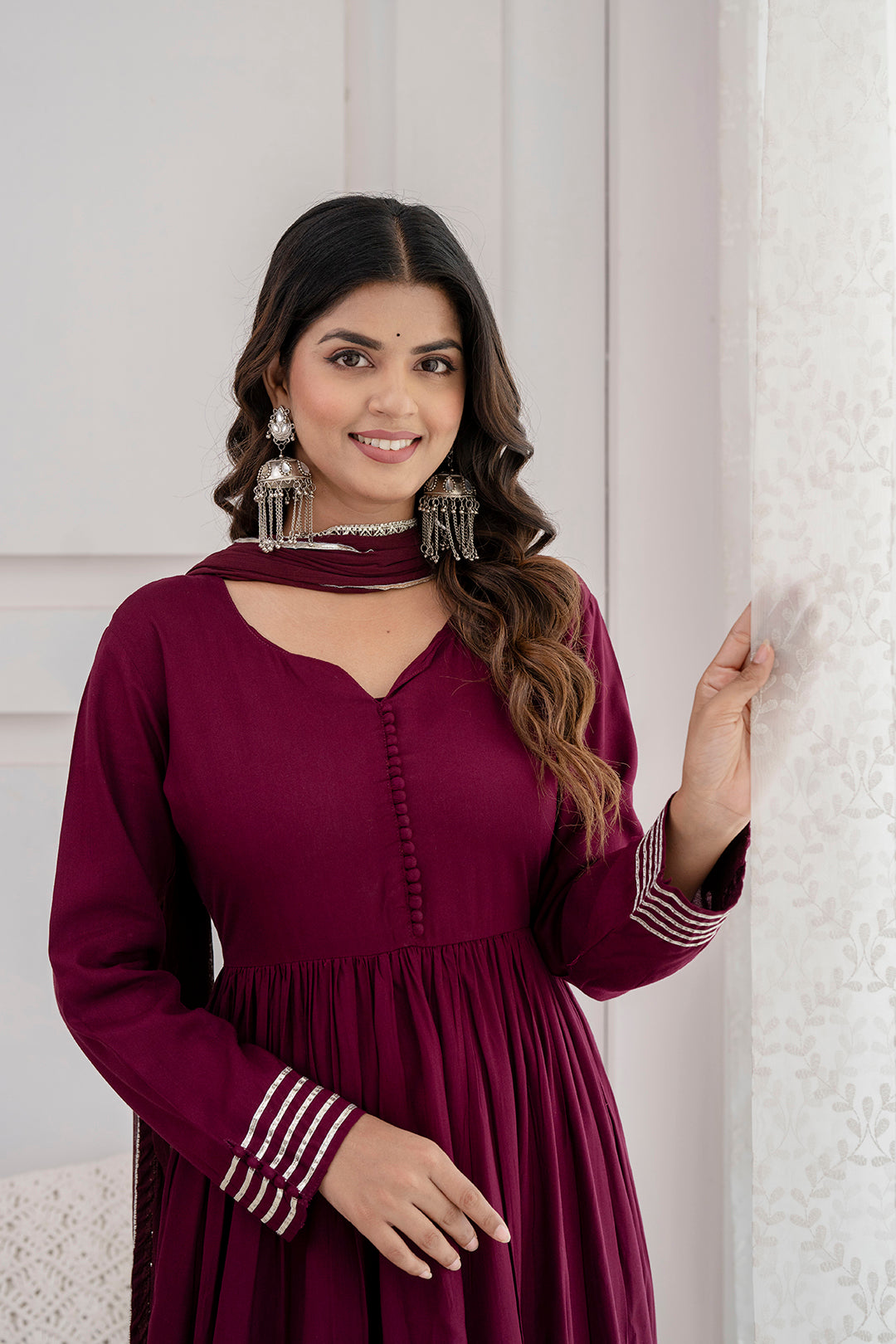 Women's Burgundy Anarkali Kurta And Trouser With Dupatta - Taantav