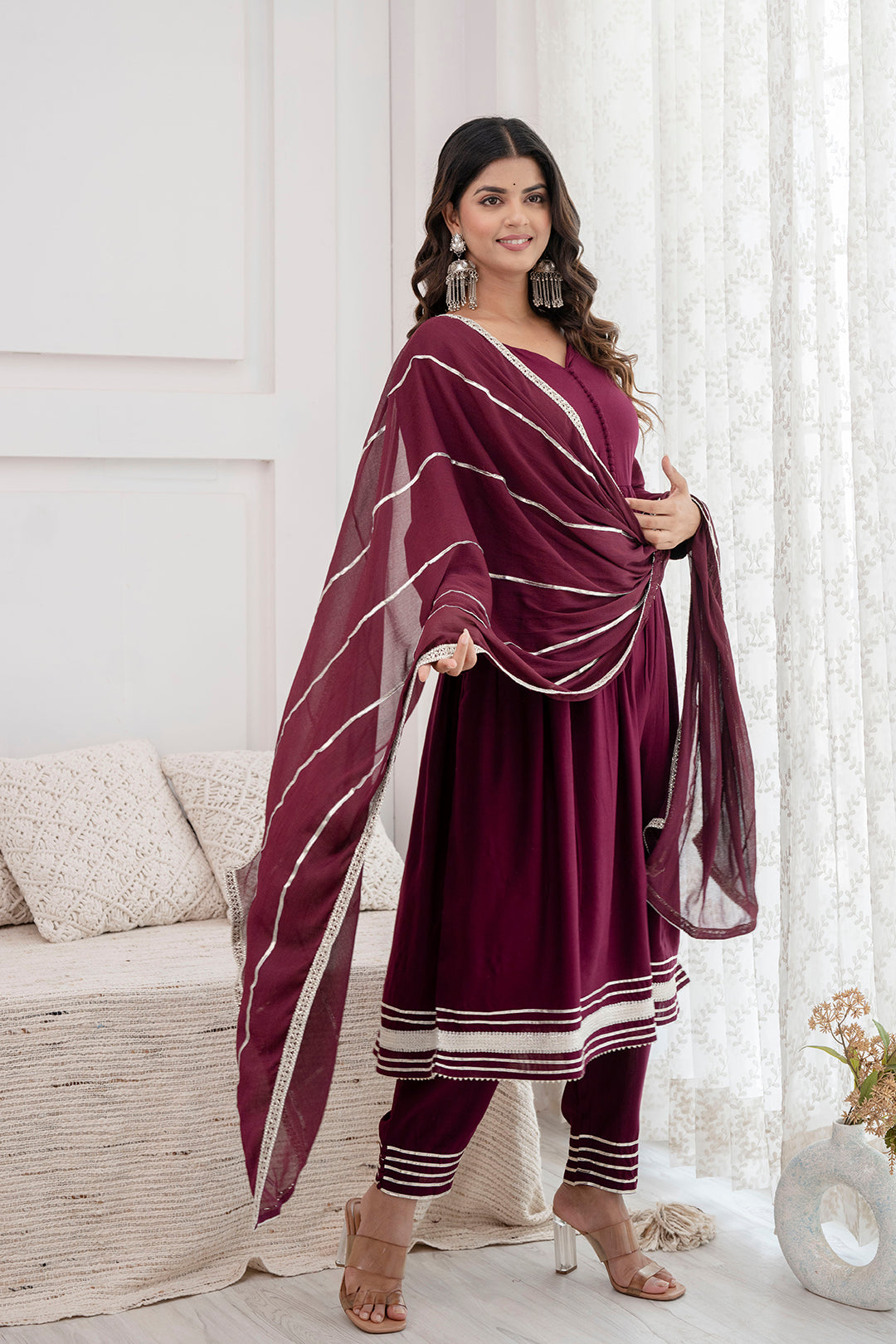 Women's Burgundy Anarkali Kurta And Trouser With Dupatta - Taantav