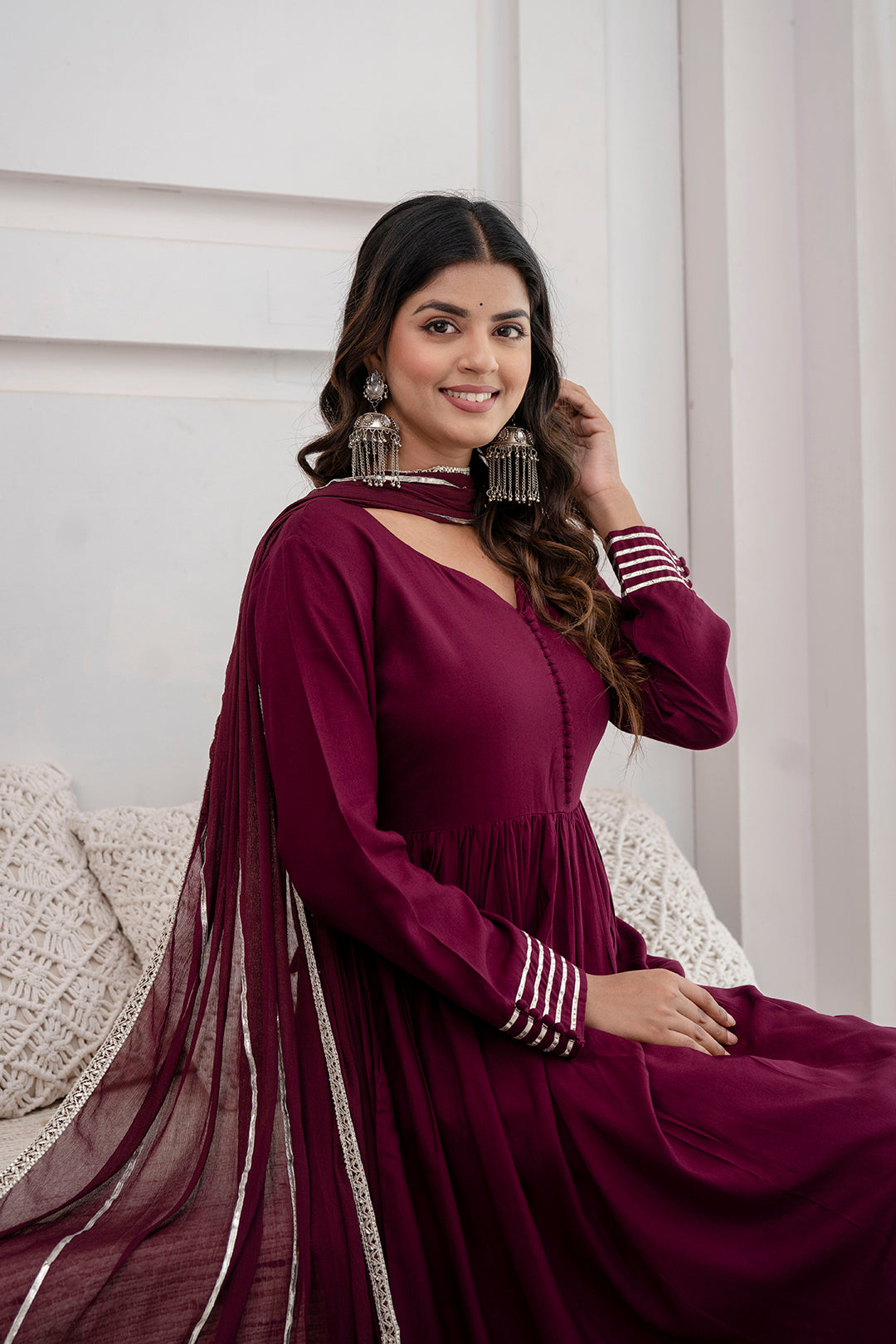 Women's Burgundy Anarkali Kurta And Trouser With Dupatta - Taantav