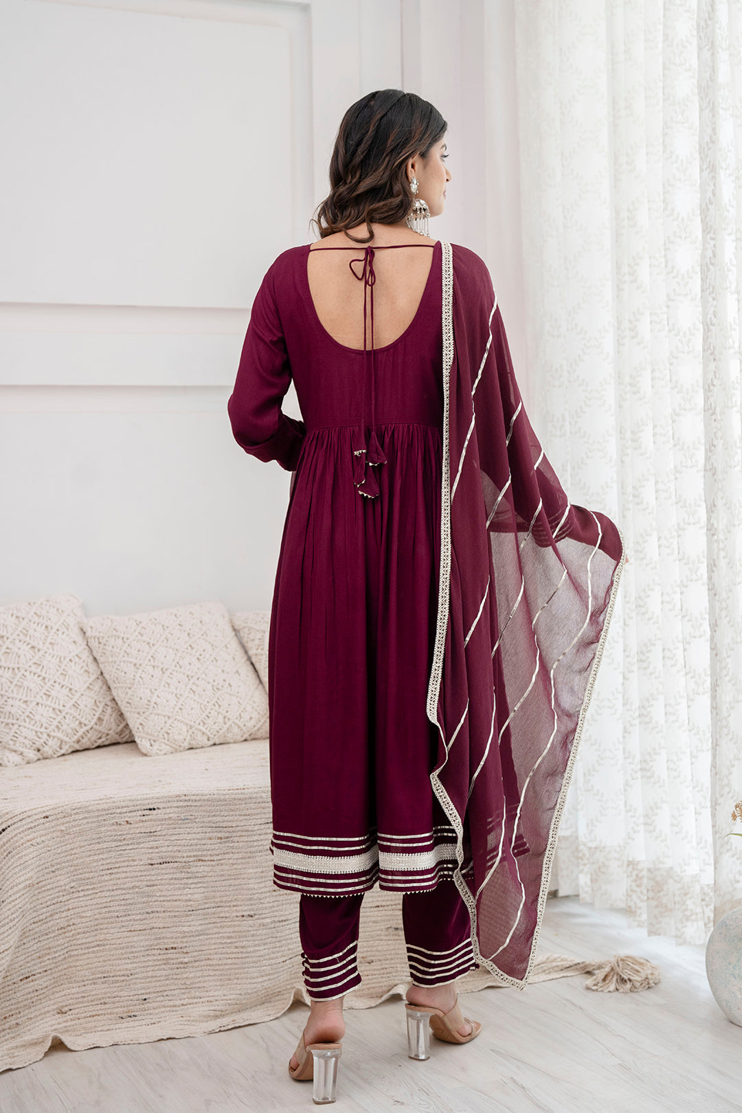 Women's Burgundy Anarkali Kurta And Trouser With Dupatta - Taantav