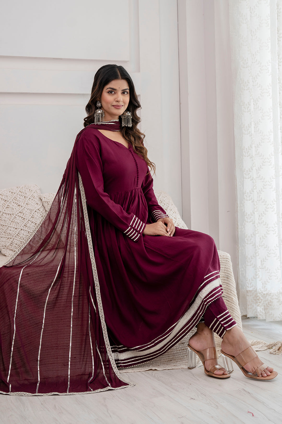 Women's Burgundy Anarkali Kurta And Trouser With Dupatta - Taantav