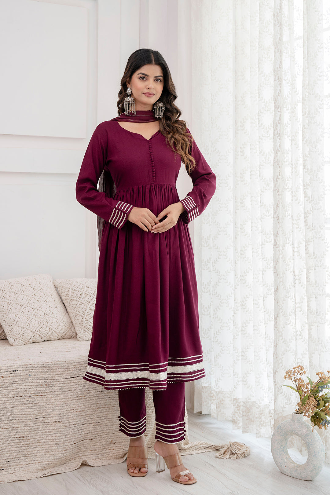 Women's Burgundy Anarkali Kurta And Trouser With Dupatta - Taantav